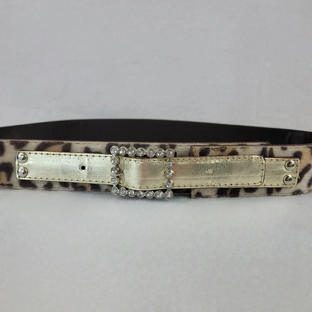 Vintage Womens Leopard Calf Hair Belt Gold Rhinestone Buckle Small Animal Print